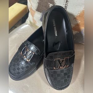 Louis Vuitton Women's Black Leather Loafers with Gold LV Hardware